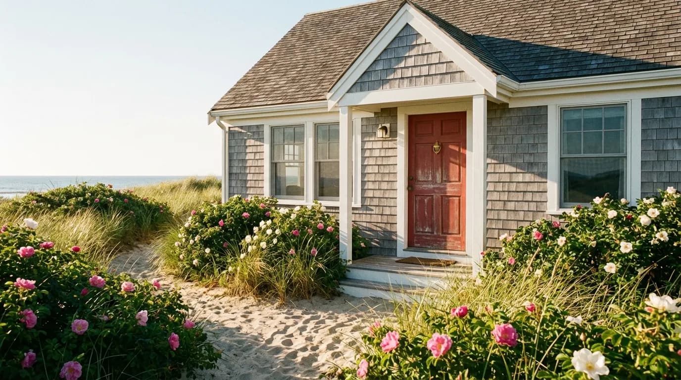 Classic Cape Cod beach cottage with weathered shingles