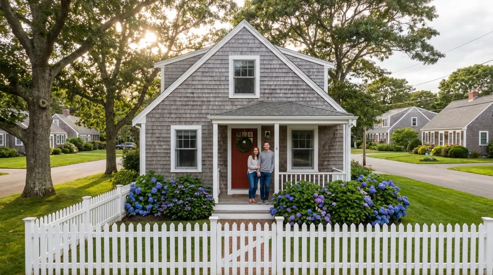 Charming Cape Cod style home with cedar shingles, white trim, and hydrangeas in a welcoming residential neighborhood
