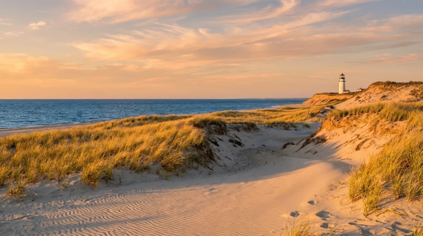 Cape Cod National Seashore sand dunes with beach grass overlooking the Atlantic Ocean at golden hour
