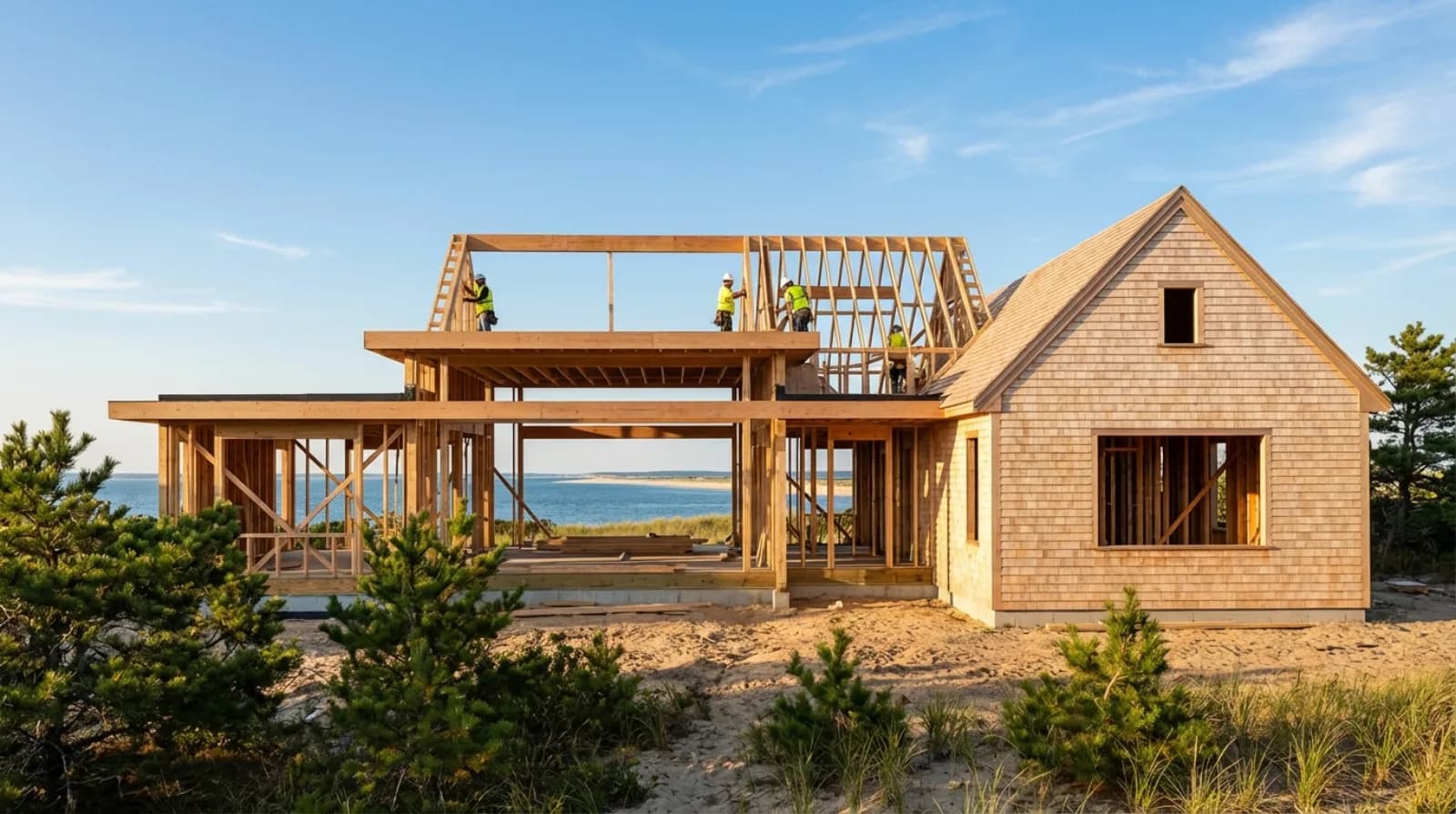 Modern luxury Cape Cod home under construction with ocean views and coastal landscaping