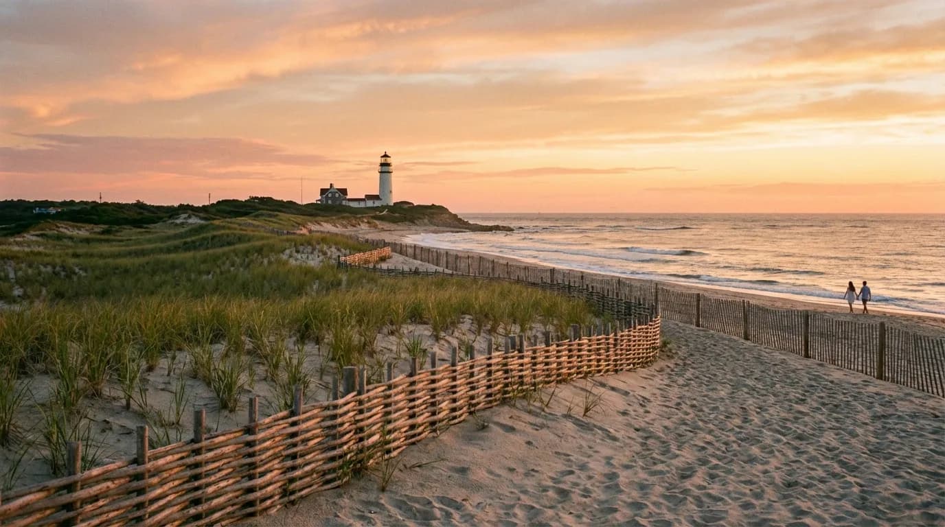 Sunset over Cape Cod Bay from the Outer Cape with dunes and beach grass in the foreground