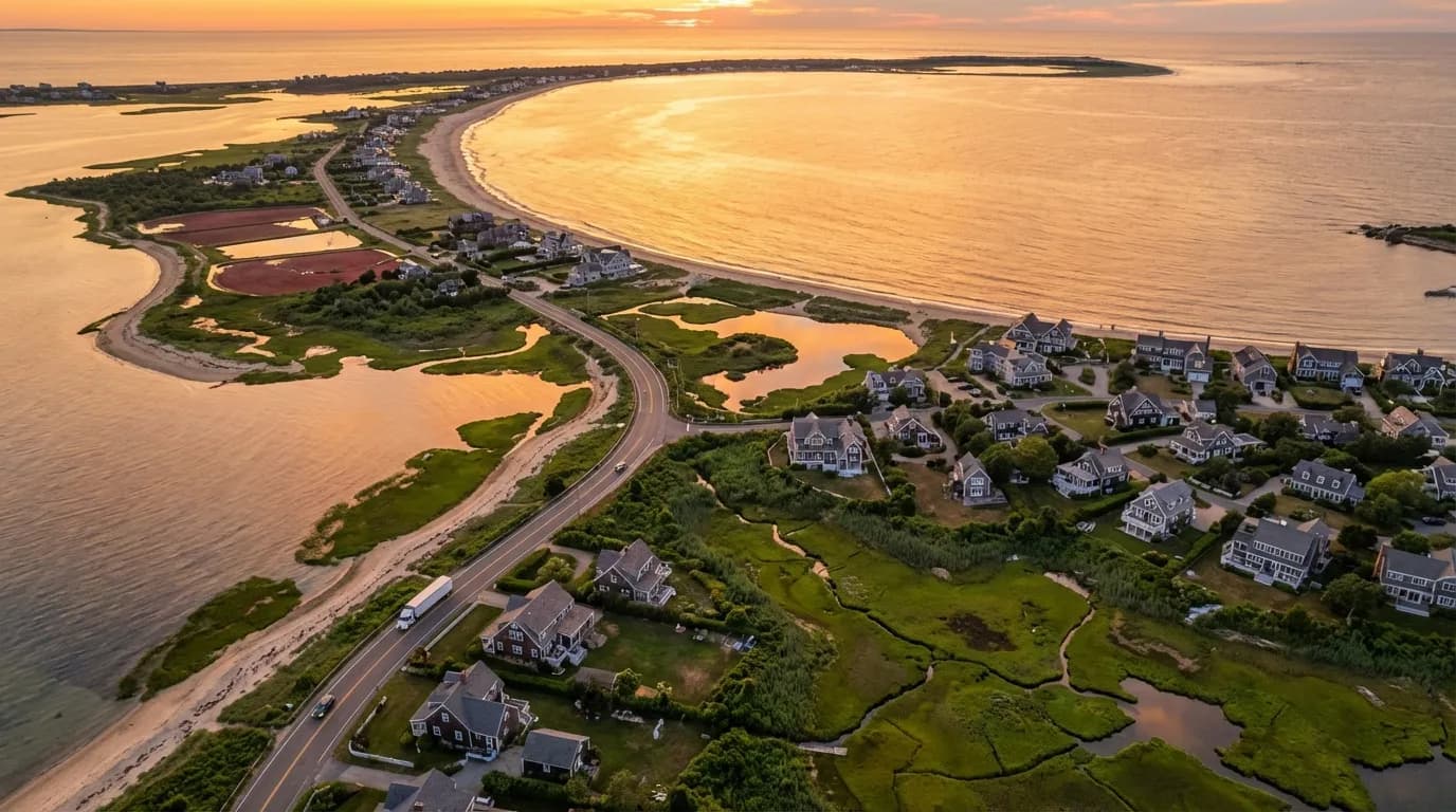 Scenic view of Cape Cod coastline with charming New England homes and sandy beaches