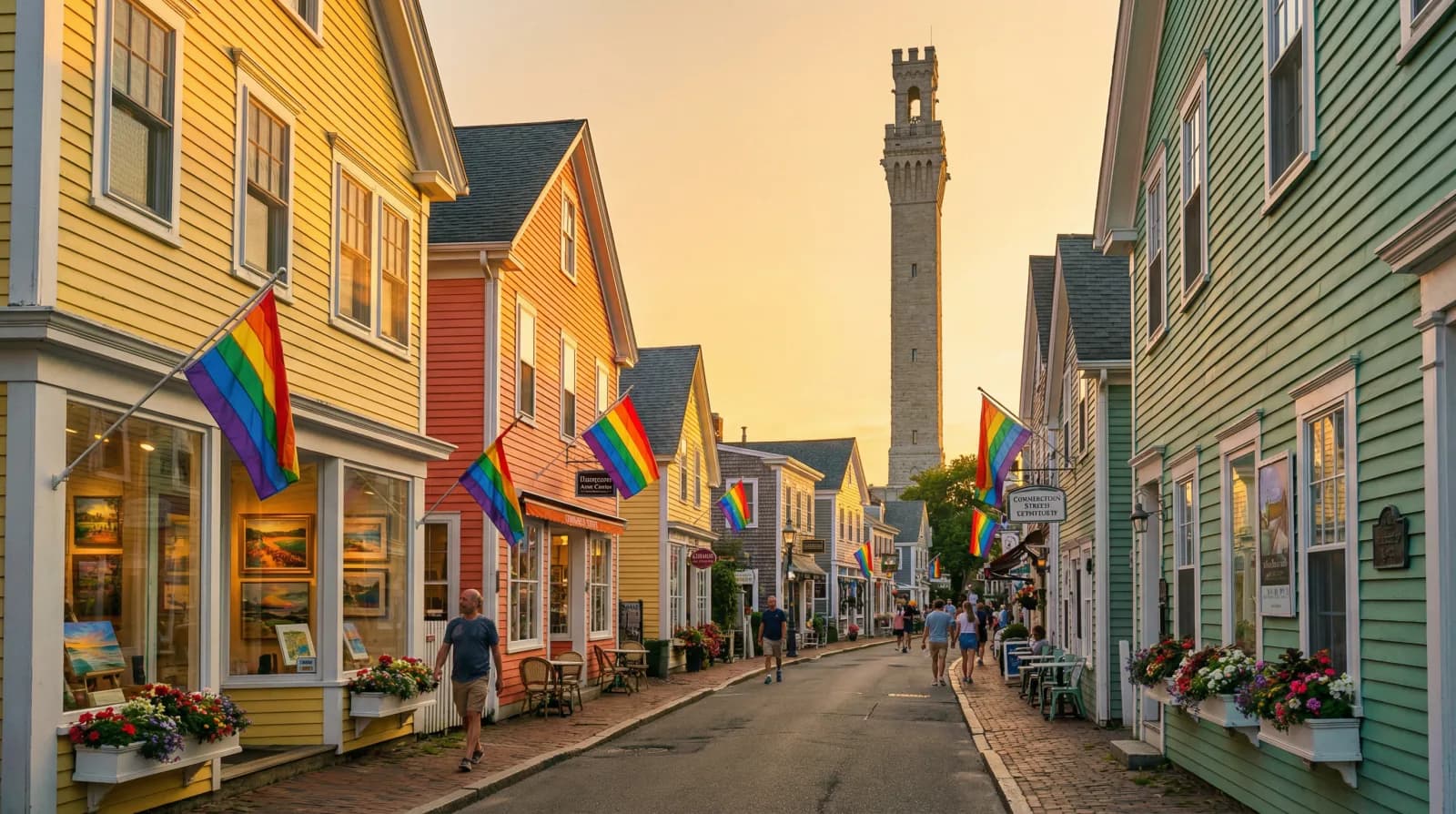 Provincetown Commercial Street at golden hour with art galleries, rainbow flags, and the Pilgrim Monument in the background