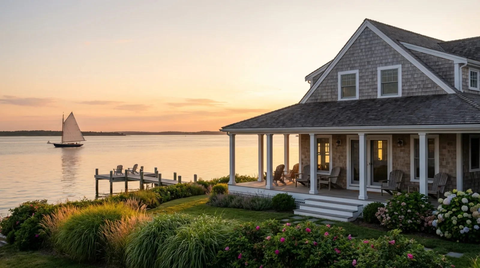 Retired couple walking along a serene Cape Cod beach at sunset with coastal homes in the background