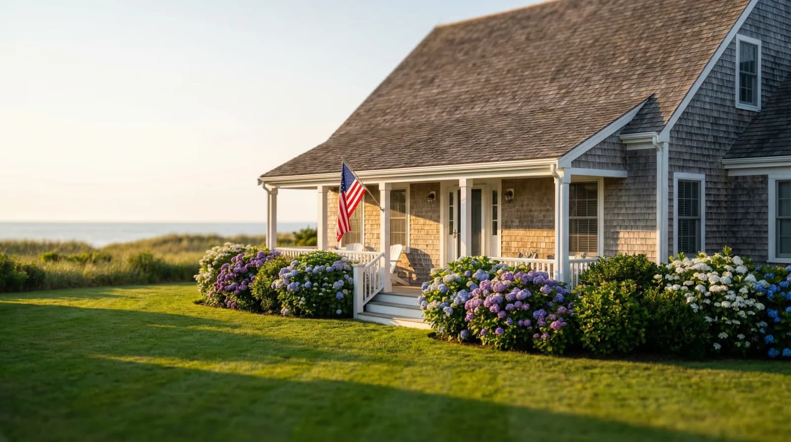 Cape Cod waterfront home with spring blooms in Provincetown