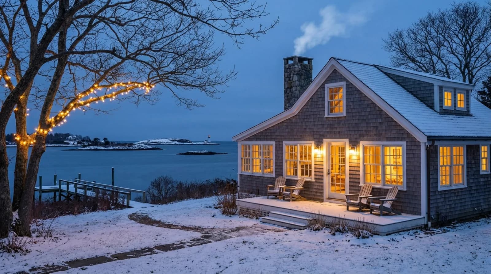 Snow-dusted dunes along the Cape Cod National Seashore with a winter sunset over the bay