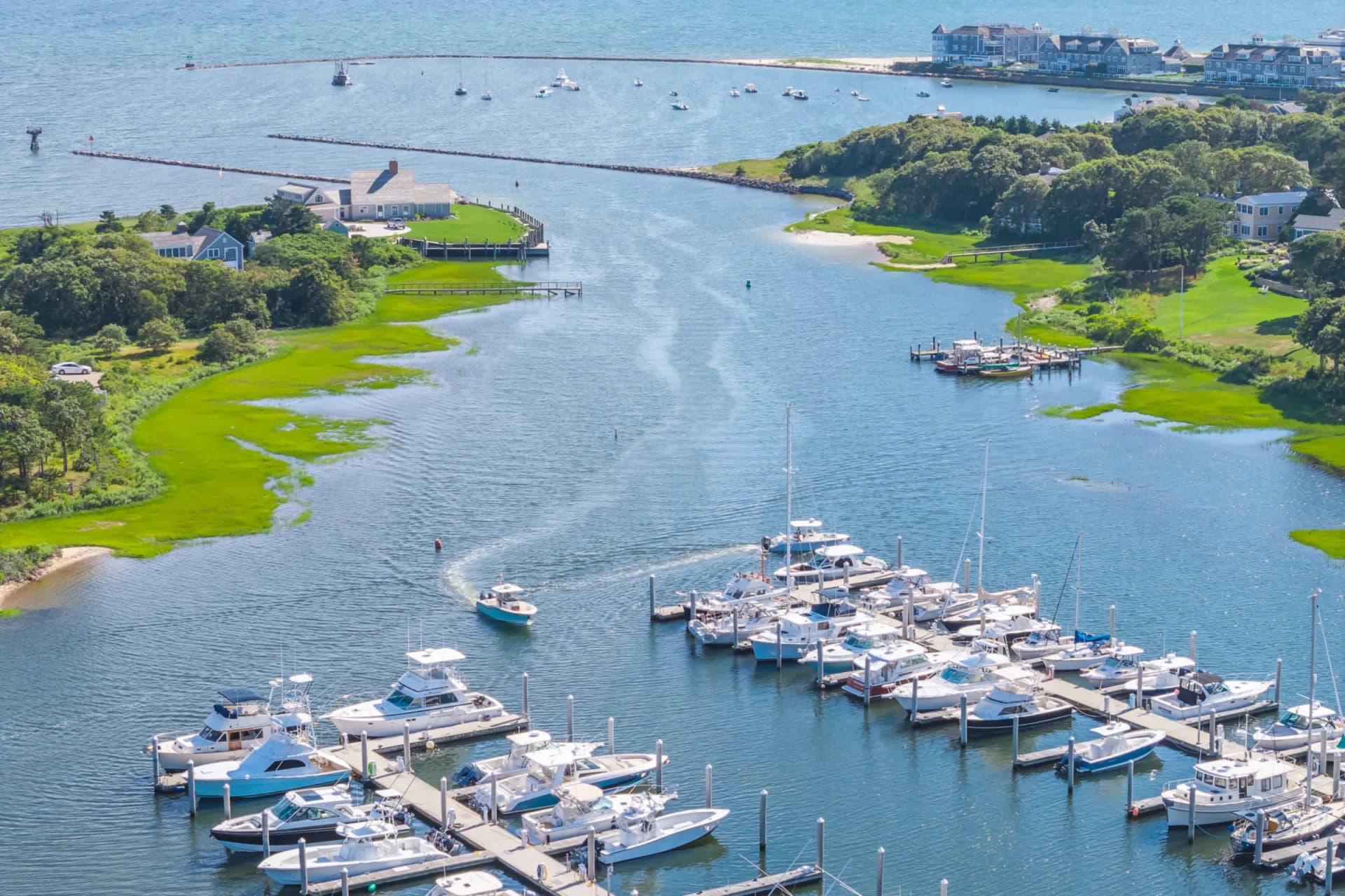 Aerial view of Harwich Port marina and waterway leading to Nantucket Sound