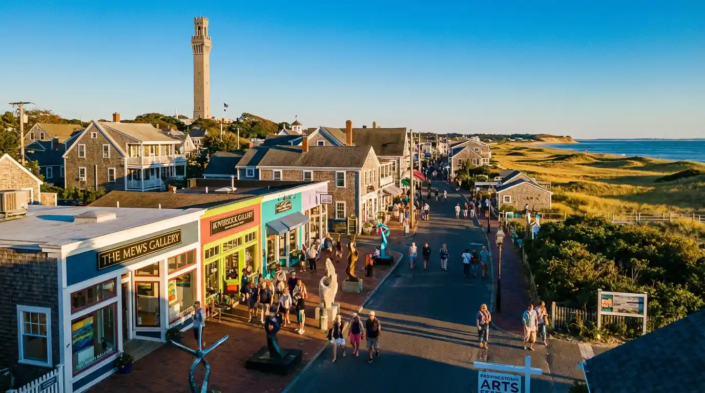 Provincetown Commercial Street with vibrant galleries, shops, and restaurants