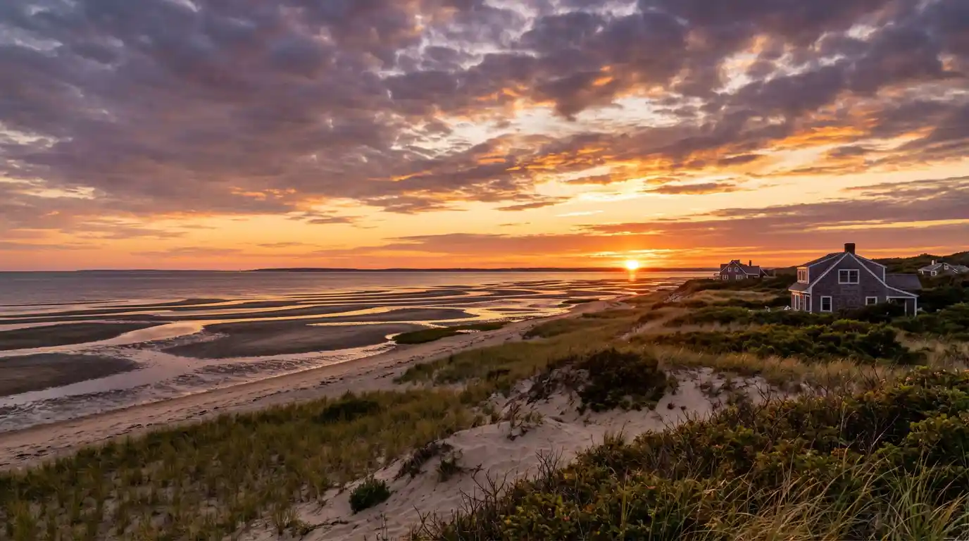 Aerial view of Outer Cape showing Provincetown, Truro, and Wellfleet along the coastline