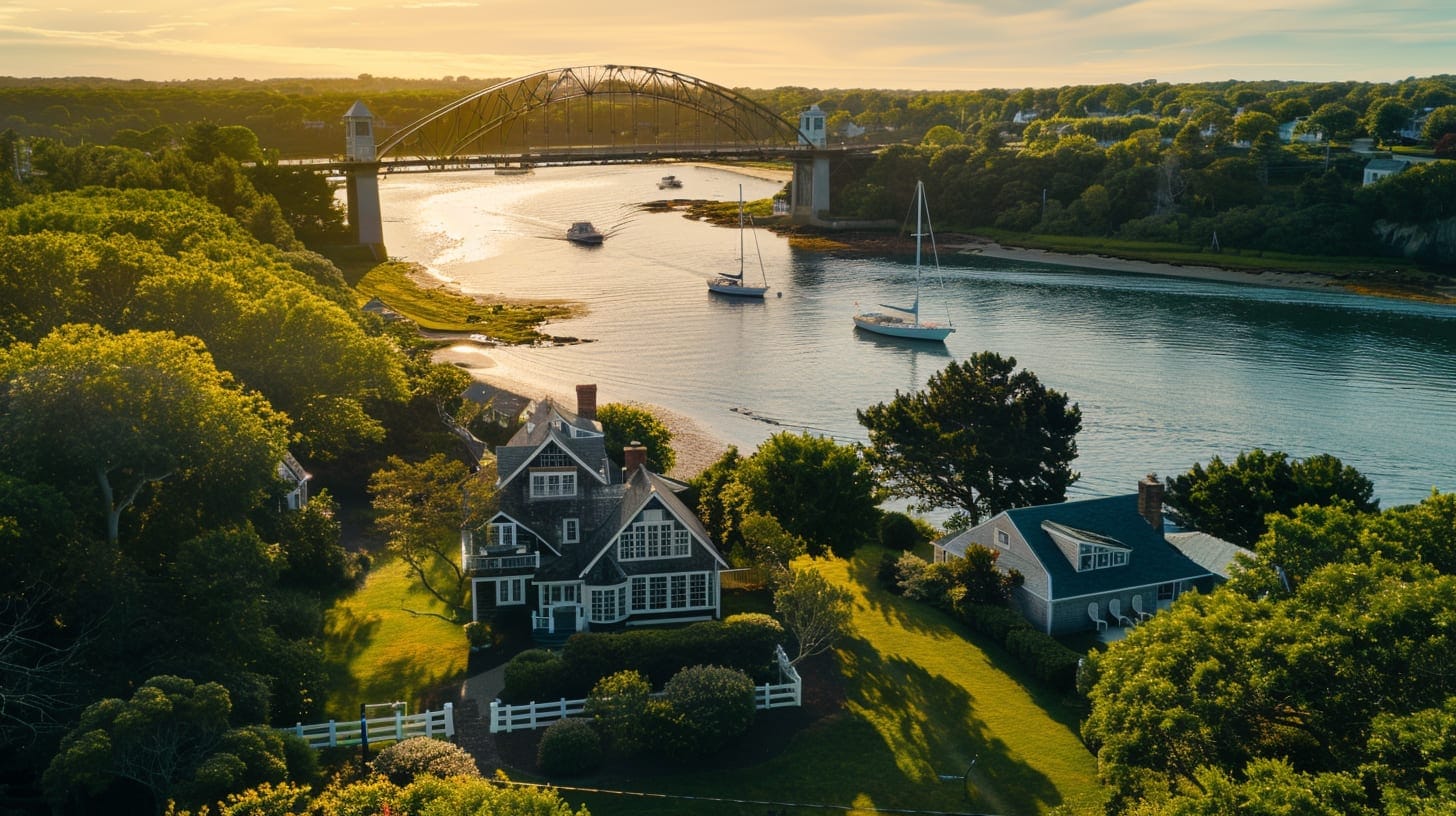 Cape Cod Canal with Bourne Bridge and sailboats