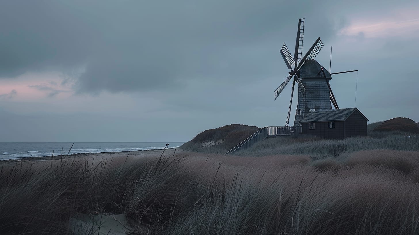 Eastham windmill at dusk with National Seashore beaches