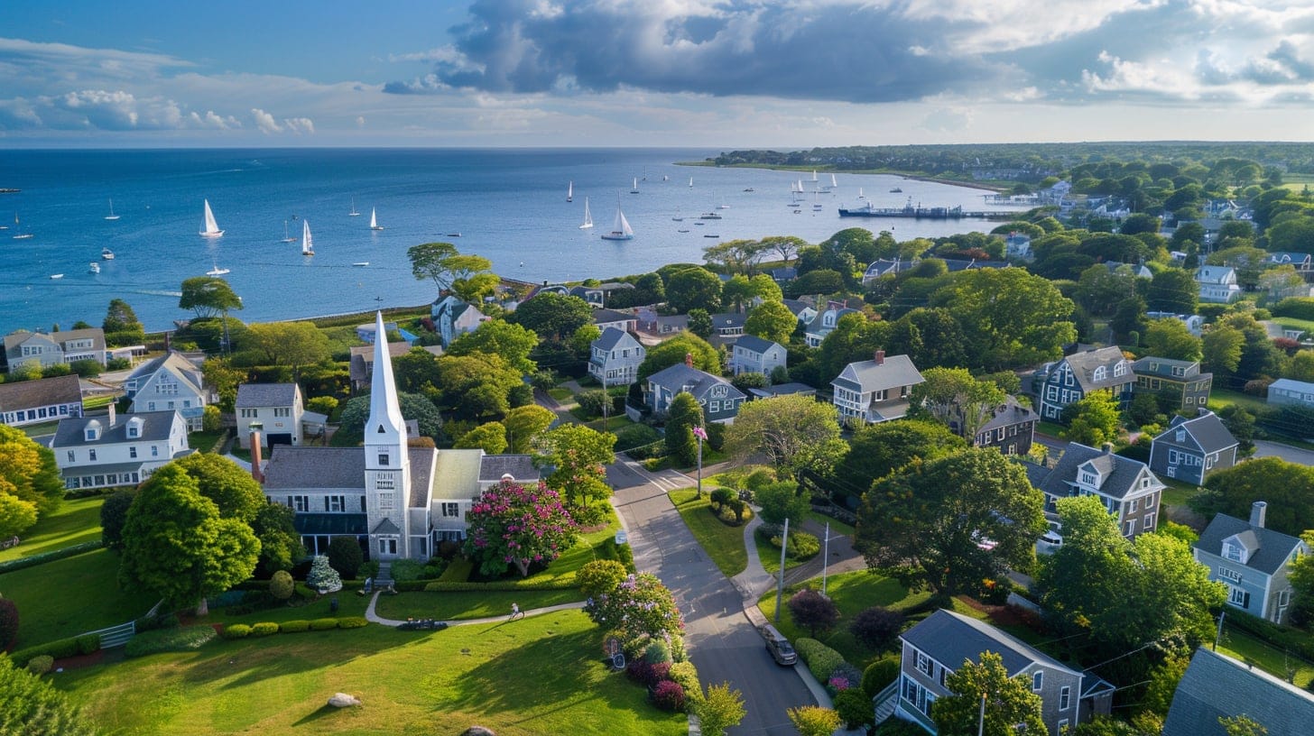 Falmouth Village Green with white church steeple and Martha's Vineyard ferry