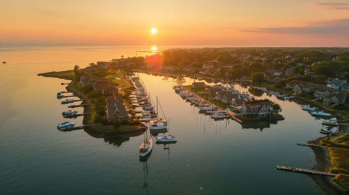 Harwich Port marina at sunrise with luxury yachts