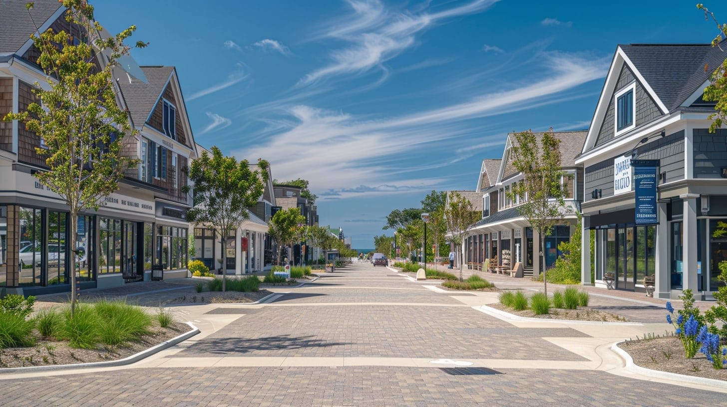 Mashpee Commons shopping village with South Cape Beach coastline