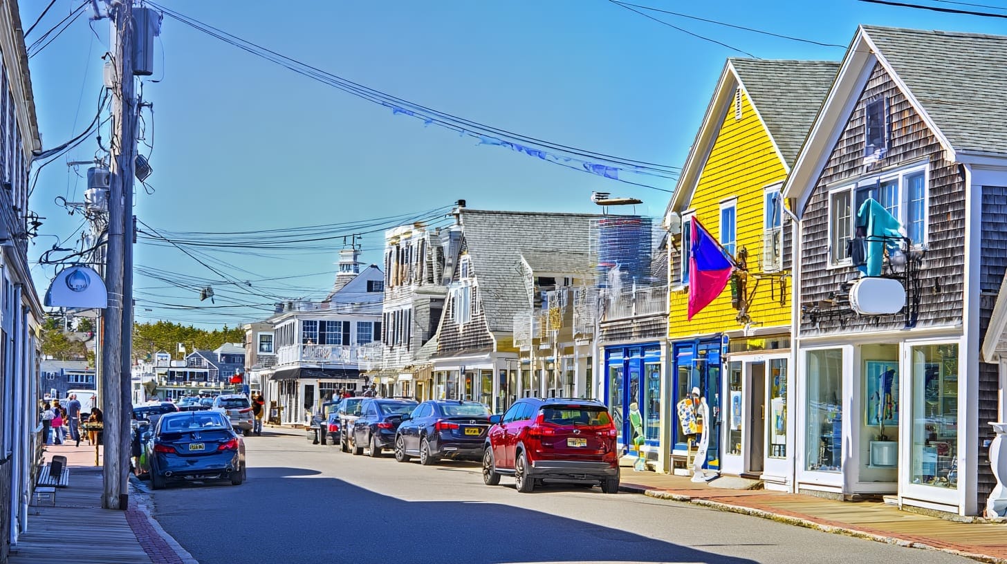 Provincetown Commercial Street with art galleries, Pilgrim Monument, and dramatic dunes