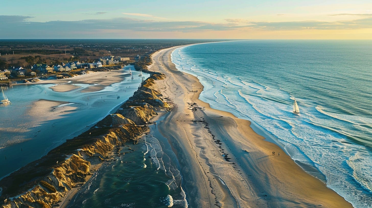 Dramatic Nauset Beach with Atlantic waves and Orleans town center