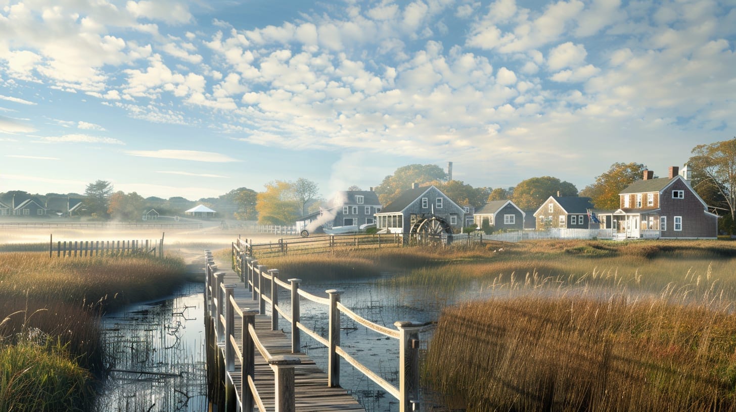 Historic Sandwich boardwalk over tidal marsh to Cape Cod Bay