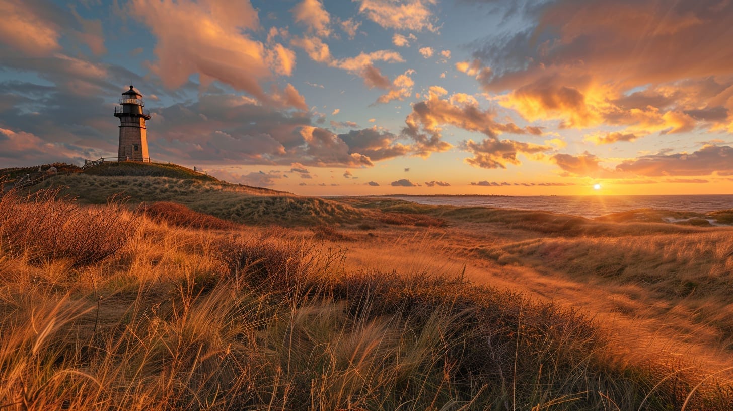 Highland Light on dramatic cliffs with sweeping ocean and bay views