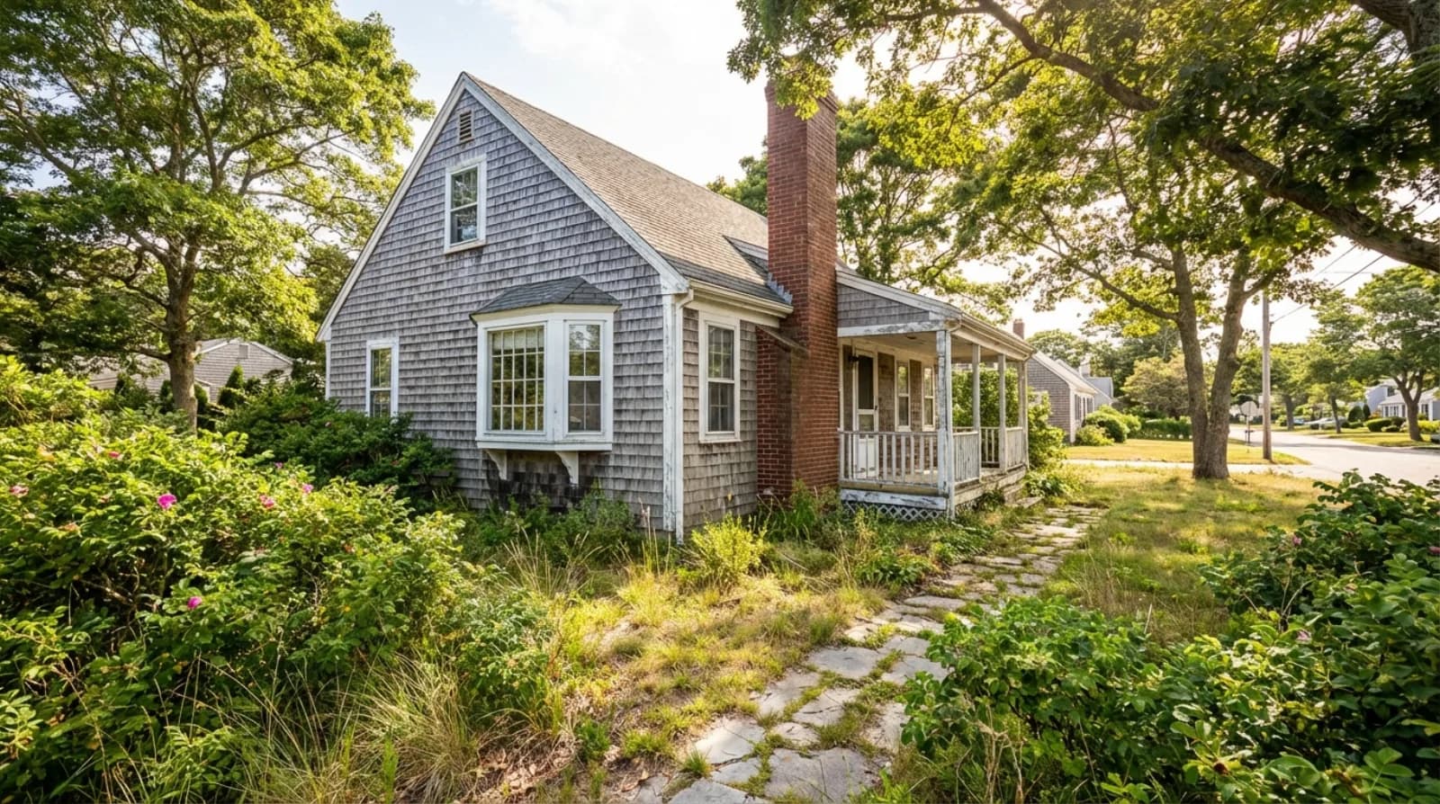 Weathered Cape Cod cottage with cedar shingles and renovation potential on a sunny day